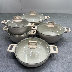 Hiện đại 10-Piece Granite Cookware <span class=keywords><strong>Set</strong></span> với tay cầm bằng gỗ Glass nắp nhôm Chất liệu cho bếp gas cho ngoài trời cắm trại nấu ăn - Product Image 2