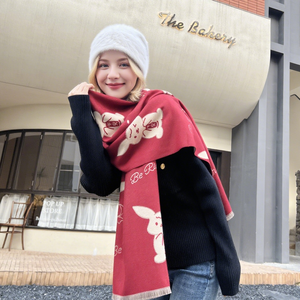 Sciarpa 190*62cm natalizia rossa lunga in poliestere a forma di coniglietto e papillon scialle autunno e inverno sciarpe con nappine a doppia faccia da donna - Product Image 4