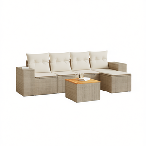 Conjunto de Sofá de Jardín de Ratán Beige con Cojines, Muebles de Exterior de Diseño Contemporáneo, Ratán PE Resistente al Agua y a los Rayos UV - Product Image 1