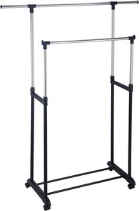 Séchoir <span class=keywords><strong>à</strong></span> linge <span class=keywords><strong>à</strong></span> double barre en métal noir, séchoir <span class=keywords><strong>à</strong></span> linge minimaliste <span class=keywords><strong>sur</strong></span> <span class=keywords><strong>roulettes</strong></span>, design élégant et gain de place pour la buanderie moderne - Product Image 5