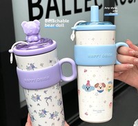 Thermos portable en acier inoxydable 304 grande capacité, isolé sous vide, pour café et thé, avec paille double usage, design bohème et dessin animé