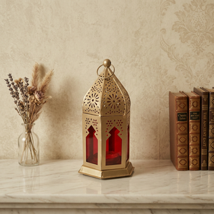 Artisan Design Moroccan Style Iron Red Glass Candle Lantern L547 3.5X3X6.5" for Home Ramadan <b>Eid</b> Wedding Decor - Product Image 1