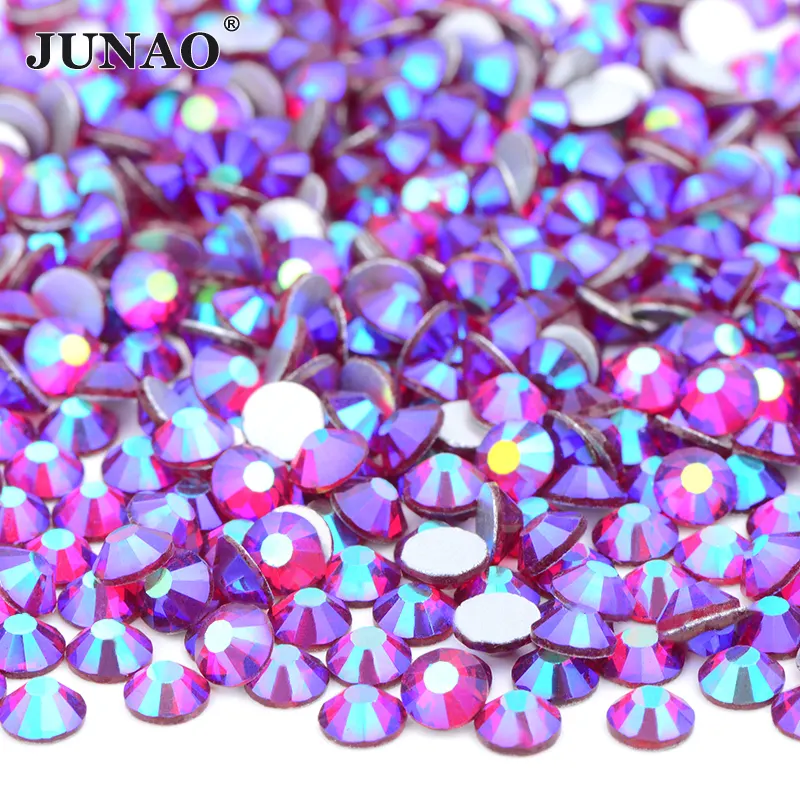 JUNAO SS6 SS10 SS16 Aurora Kaca Berlian Bulat Kristal Berlian Imitasi Warna Cantik Manik-manik Belakang Datar Dalam Jumlah Besar untuk Aksesori
