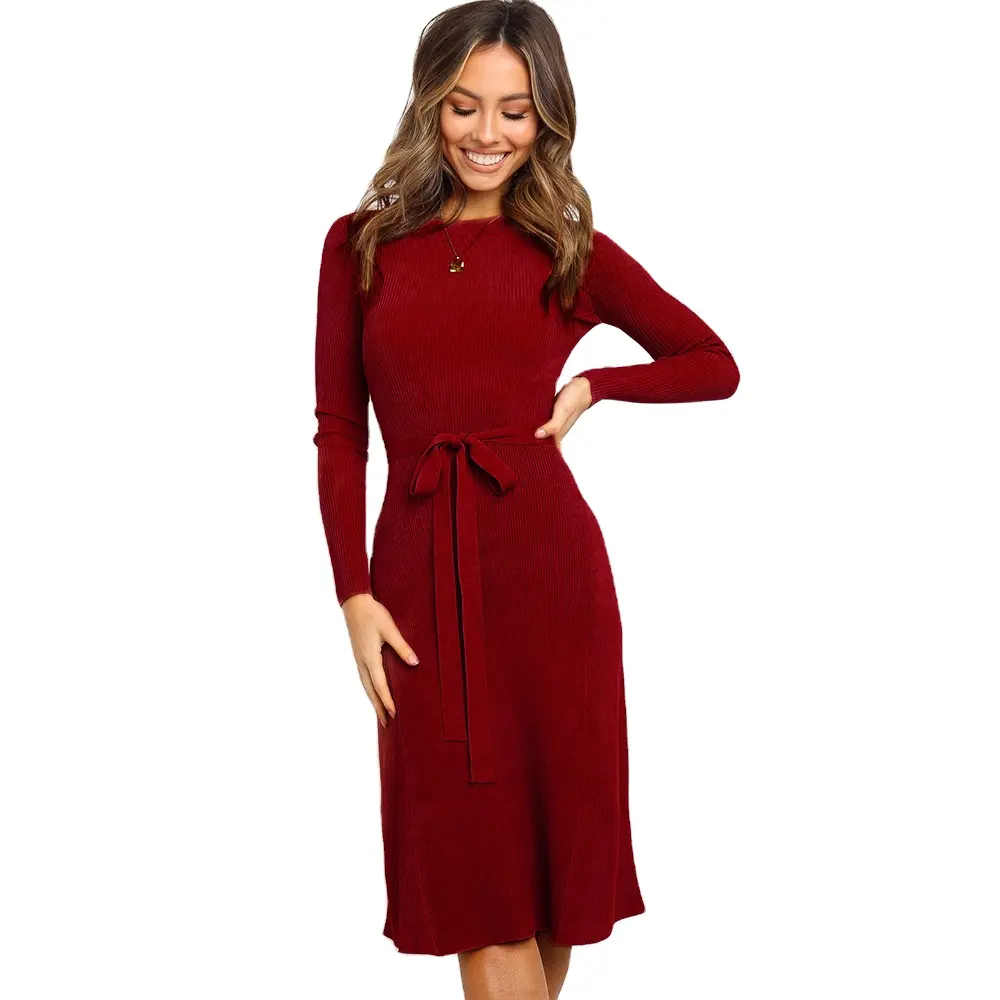 Vrouwen Elegante Midi Jurk Lange Mouwen Afslanken Fit Jurk met Riem Casual Formele Kleding