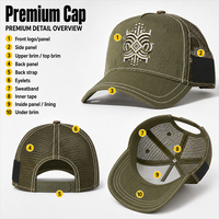 Gorra Trucker Premium al por Mayor de 5 Paneles con Malla, Verde Oliva, Jacquard Paisley, Bordado Geométrico en Relieve y Visera Curva