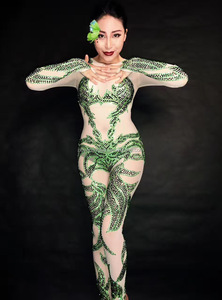 NOVANCE Y1438-Grandes tenues de club avec strass vert scintillant et manches longues pour femmes, <span class=keywords><strong>combinaison</strong></span> une pièce pour discothèque - Product Image 3