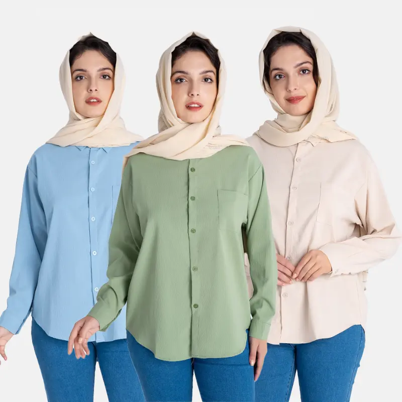 Terbaru grosir Malaysia Dubai Abaya Muslim wanita atasan lengan panjang kasual Crepe poliester sopan blus Muslim kemeja