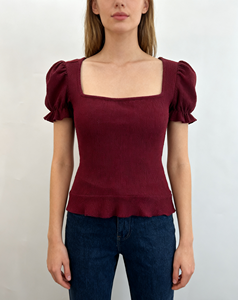 T-shirt pour femme à col carré, haut tricoté à manches courtes bouffantes, ourlet à volants, coupe ajustée, chemisier tricoté décontracté pour femmes - Product Image 4