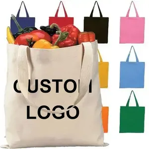 Promotional custom printed reusable colorful blank plain shopping recycled cotton canvas tote bags with logo