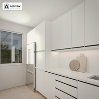 Armoires de cuisine RTA en PVC thermoformé au design minimaliste, configuration en U, boîtes d'armoires en panneaux de particules et dimensions personnalisées