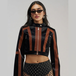 Splendid Apparel Women's Color Blocked PU Leather <b>Bomber</b> <b>Jacket</b> Full Sleeve Stand Collar Zipper Closure Cropped Biker Style - Product Image 1