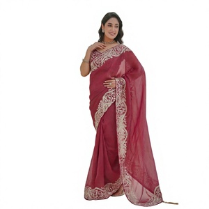 Blusa de Georgette Bordada con Lentejuelas, Saree Moderno de Bollywood Elástico hasta el Suelo, Saree de Red con Bordado - Product Image 2