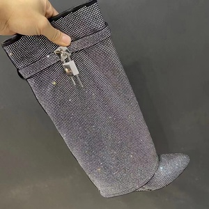 Full Diamonds Luxury Boots Soft Shiny Overlay Slip-on Wedge Heel <b>Shoes</b> Women's Metal Lock Knee High Boots - Product Image 5