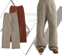 Conjunto de punto chic de 2 piezas: Suéter holgado de media cremallera y pantalones de pierna ancha de cintura alta