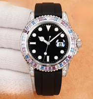 Montre automatique mécanique de plongée de luxe multifonctionnelle avec logo personnalisé, lunette incrustée de pierres précieuses arc-en-ciel, bracelet en cuir, verre