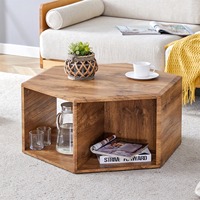 Table basse hexagonale moderne en bois foncé avec design de bord unique et étagère ouverte pour salon, mobilier de maison