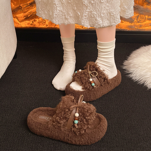 Pantofole da donna calde e morbide in pile con plateau, fiocco in pelle e decorazioni di perline, sandali aperti in punta per l'inverno e la casa - Product Image 6