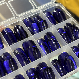 144 pièces/boîte, pointes d'ongles ovales <span class=keywords><strong>bleu</strong></span> foncé effet œil de chat, brillantes, faux ongles courts à presser, couverture complète, DIY, acrylique, faux ongles, pointe de manucure - Product Image 5