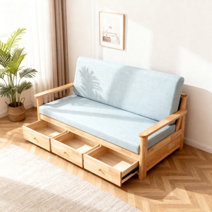 Sofá Seccional Rectangular de Estilo Escandinavo con Estructura de Madera Maciza, Tapicería de Lino Azul Claro y Almacenamiento con Cajones, Ideal para Villas - Product Image 2