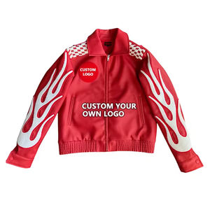 Jaket Pria Kulit PU Bordir Chenille Merah Model Crop Zipper Streetwear Custom YUCHEN Oem - Product Image 2