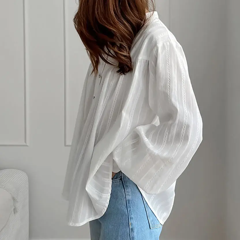 Blusa feminina de manga comprida 2024, blusa feminina de moda feminina, blusa elegante de renda branca, camisa/