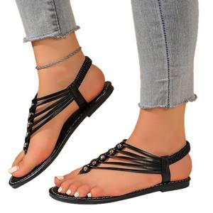 Sandalias de mujer con suela plana, tejidas con cuentas, de punta abierta, transpirables, deportivas, de suela blanda, para interior, exterior y playa, cómodas - Product Image 1