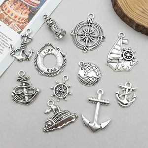 Composants de bijoux pour colliers et bracelets DIY, breloques nautiques vintage en <span class=keywords><strong>argent</strong></span> antique, pendentifs en alliage style marin (boussole, ancre) - Product Image 2