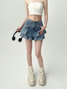 2026 High Waist A-<b>line</b> Slim Cute Sexy Mini <b>Jean</b> Pleated 2 Layers Skirt Women Denim Short Skirt With Safety Pants - Product Image 4