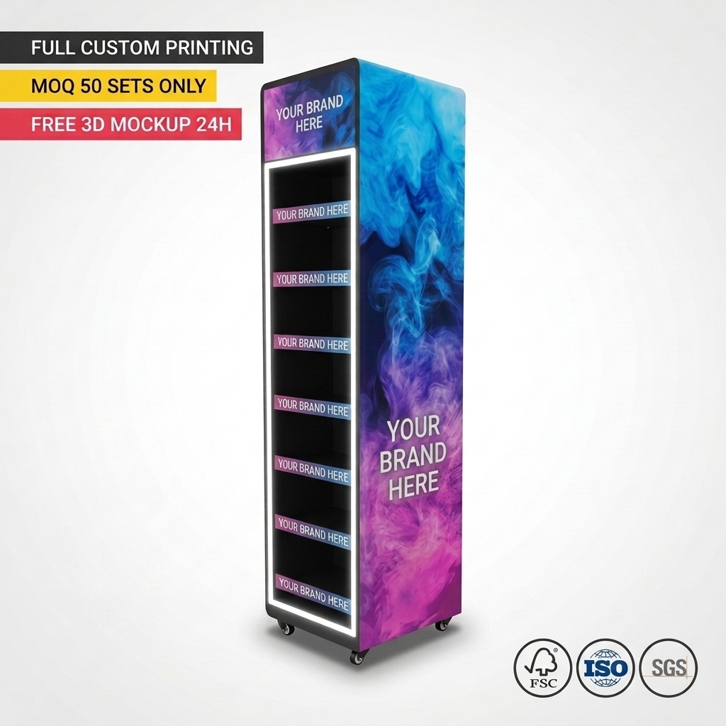 Custom Metal Floor Standing Cigarette Display Stand Tobacco Retail Display Rack With LED Light & Logo for Smoke Shop