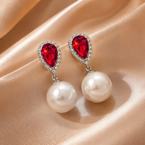 Orecchini pendenti con perle simulate e zirconi rossi per donna, eleganti gioielli per matrimoni e feste - Product Image 4
