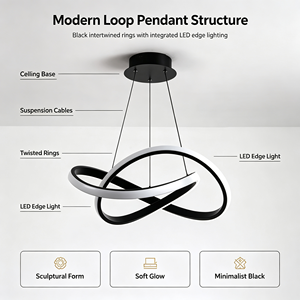 Lustre suspendu noir en forme d'anneaux entrelacés, lustre moderne à LED en boucle pour salon, salle à manger et hall d'entrée - Product Image 5