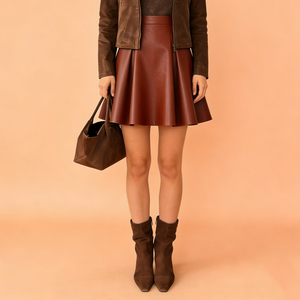 Jupes Courtes Évasées Casual Quotidiennes pour Femmes, Mode Élégante, Caramel Brun, <span class=keywords><strong>Simili</strong></span> <span class=keywords><strong>Cuir</strong></span>, Taille Haute, Coupe A-ligne - Product Image 1