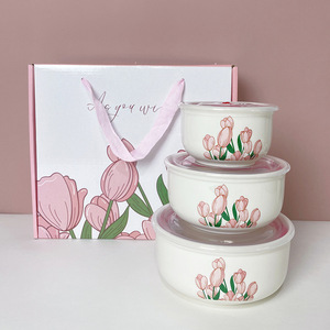 3pcs <strong>Microwave</strong> Oven Safe Ceramic Fresh <strong>Bowl</strong> <strong>with</strong> Seal <strong>Lid</strong> Ceramic <strong>Bowl</strong> Gift Box Company Fresh-keeping Food Storage Container - Product Image 3