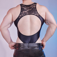 Bodysuit seksi pria tanpa punggung, potongan tinggi, berbahan bandage elastis halus, korset pembentuk tubuh, berkilau mengkilap, yoga leotard gay, berlubang-lubang.