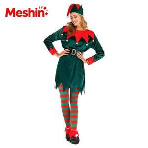 Womens Christmas <b>Elf</b> <b>Costume</b> Green Velvet Outfit With Striped Tights Holiday Party Carnival Role Play Festive <b>for</b> <b>Adult</b> - Product Image 2