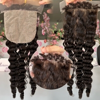 Vente en gros de vrais cheveux humains vierges 5x5 fermeture de base en soie doux brun foncé Topper birman bouclé 4C délié noué à la main trame femmes