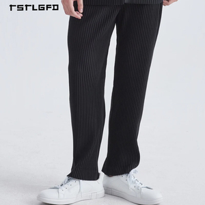 High Quality Men Pleated <b>Trousers</b> Vertical Ribbed Pants <b>Light</b> Grey Relaxed Fit Minimalist Streetwear Casual Straight Leg Pants - Product Image 4