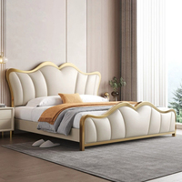 Lit moderne de luxe design pour la maison, élégant lit en cuir rehaussé avec bord en acier, ensemble de lit King populaire haut de gamme pour hôtel