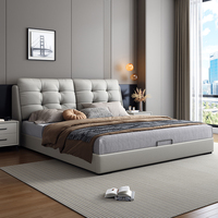 JUNYUHAO Modernes Italienisches Luxus-Lederbett Gepolstert Gesteppt Weiches Bett mit Stauraum Beleuchtet Ergonomischer Kiefernholzrahmen Queen King Größen