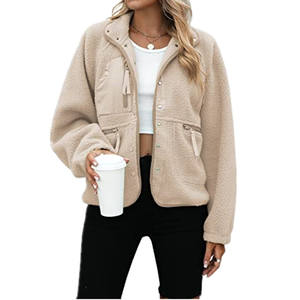 Veste polaire personnalisée pour femmes Manteaux courts à manches longues floues Vêtements d'extérieur boutonnés en Sherpa avec poches - Product Image 1