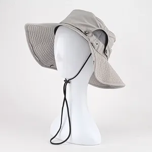 Topi Pantai Tepi Lebar Besar Topi Matahari Jaring Kustom Topi Ember Memancing dengan Tali