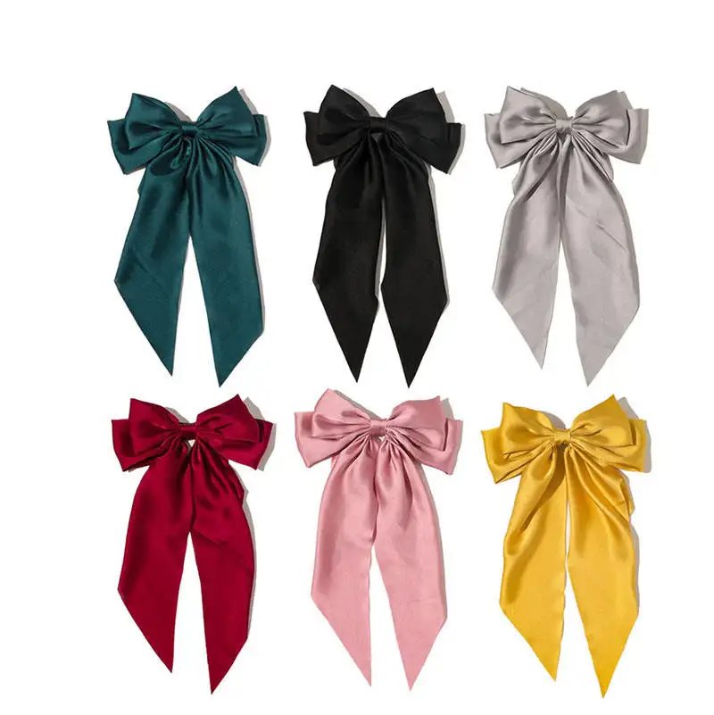 Q&Y New Design Luxury Red Black Color Big Bowknot Ribbon Barrettes with Long Tail Silk Satin Fabric Butterfly Bow Hair Clips
