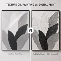 Peinture murale texturée en impasto, motif feuille botanique monochrome, style moderne et organique, sur toile, pour décoration de salon ou de bureau
