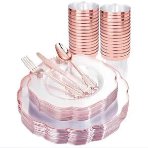 Wedding Birthday Party Supplies Eco-friendly Disposable Plastic Rose Gold Party Dinnerware Tableware Set