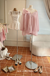 Top Quality <b>Pink</b> Off-Shorlee Volumetric Dress With <b>Bow</b> Casual Dresses 100% Polyester V-neck Bubble sleeve Loose Waist OEM/ODM - Product Image 2