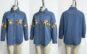 Áo sơ mi thoáng khí mùa đông denim màu xanh da trời Áo sơ mi dài tay thường xuyên vừa vặn in hình ngựa phương Tây - Product Image 5