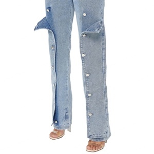Jean droit bleu moyen personnalisé pour femme, pantalon en denim boutonné style mom - Product Image 5