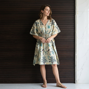 Animal Print Cotton <b>Kaftan</b> V-neck Loose Sleeve Knee-Length Bohemian <b>Summer</b> Dress for Women Casual Wear - Product Image 1