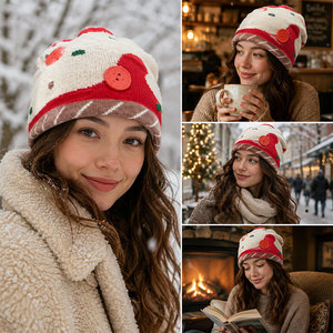 <span class=keywords><strong>Bonnet</strong></span> tricoté de Noël, chapeau d'hiver, <span class=keywords><strong>bonnet</strong></span> avec motifs canne à sucre et boutons en pain d'épices, vente en gros, logo personnalisé, fournisseur direct d'usine OEM en vrac - Product Image 3