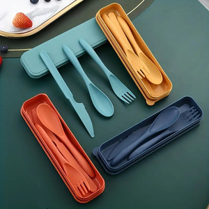 Ensemble d'ustensiles <span class=keywords><strong>de</strong></span> voyage 3 en 1 avec paille <span class=keywords><strong>de</strong></span> blé et logo personnalisé moderne et écologique avec étui mat Vaisselle portable <span class=keywords><strong>Fourchette</strong></span> Cuillère Couteau Ensemble - Product Image 1